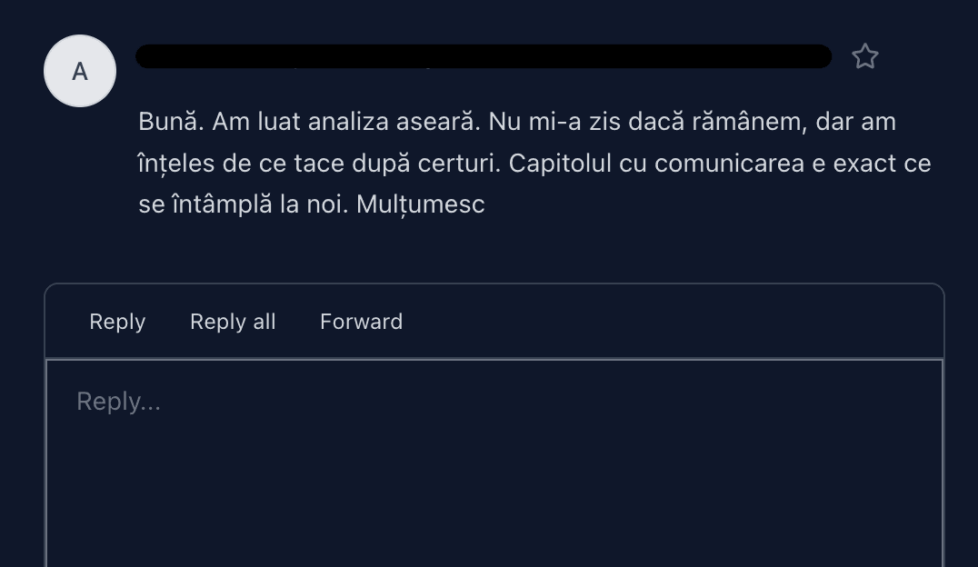 Captură anonimizată a unui mesaj real despre analiza de compatibilitate: Bună. Am luat analiza aseară. Nu mi-a zis dacă rămânem, dar am înțeles de ce tace după certuri. Capitolul cu comunicarea e exact ce se întâmplă la noi. Mulțumesc.